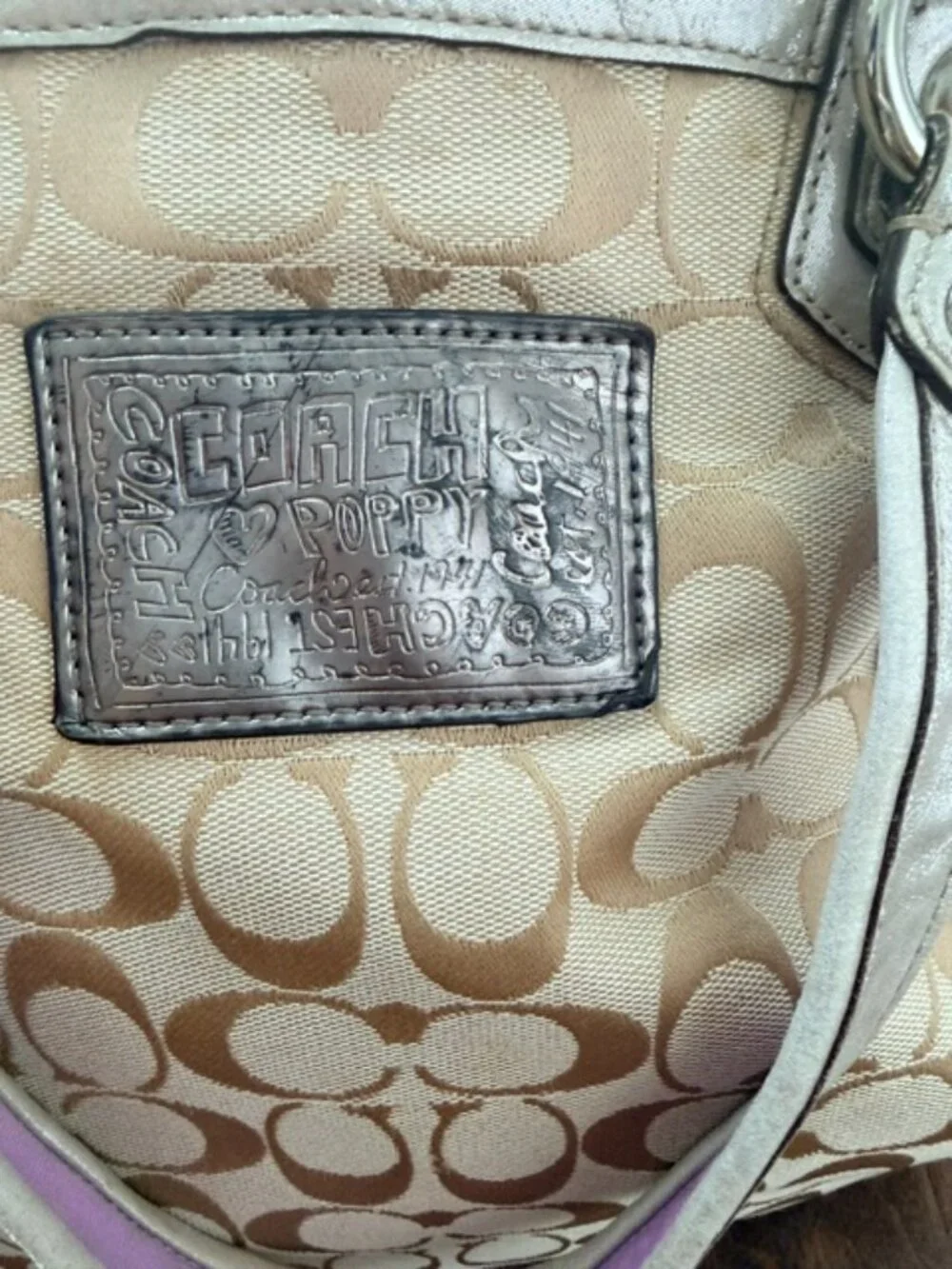 Coach Beige Signature Canvas Floral Poppy Satchel with Purple Accents